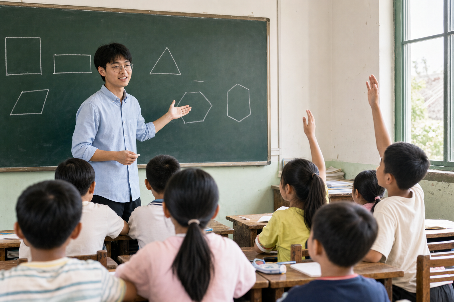 大学生志愿者在教室讲台上为小学生授课